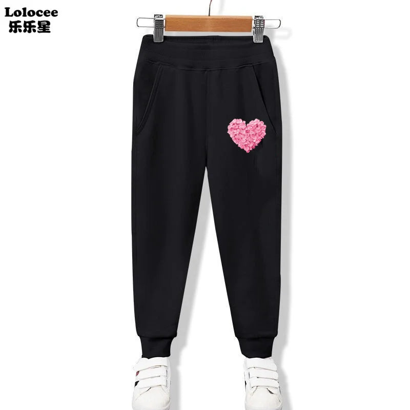 New Arrival Kids Elastic Pants Spring Autumn Cotton Girls Flower Heart Print Pocket Jogger Sweatpants Girls Clothing 3-14 Years