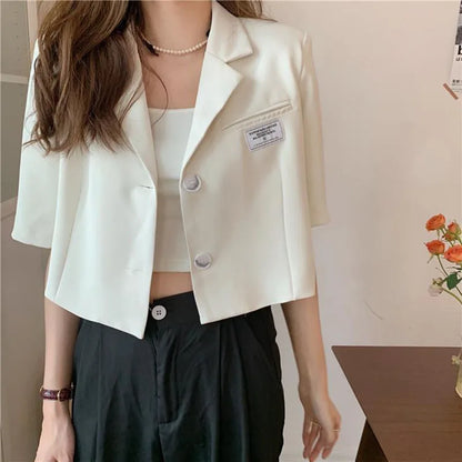 Short Sleeve Blazer Jacket Ladies Summer 2024 New Thin Notched Collar Suit Coat Women Casual Wild Black White Short Outwear Tops