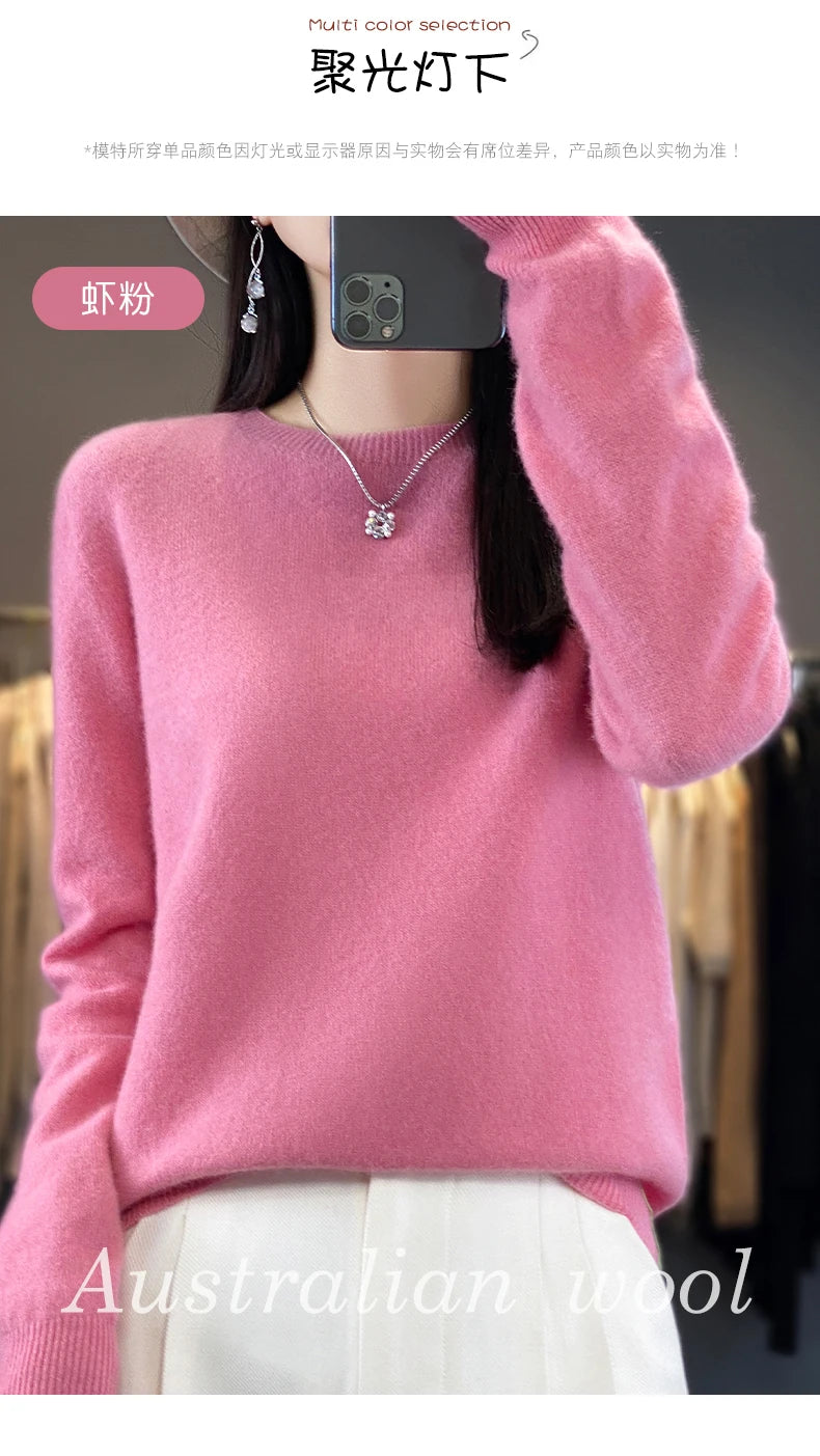 Women 100% Pure Merino Wool Knitted Sweater Autumn Winter Fashion O-Neck Pullover Seamless Jumper Tops Cashmere Warm Clothes