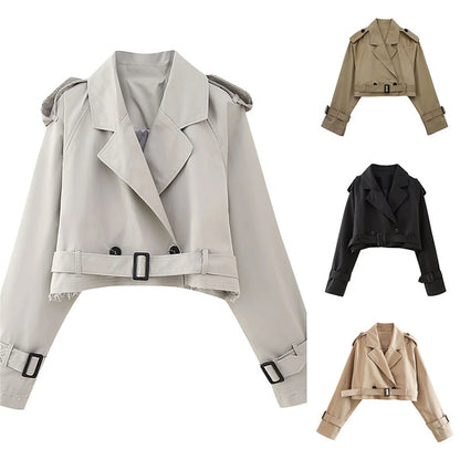 Women Fashion Belt Cropped Coat Long Sleeve Turn Down Collar Short Jacket Vintage Chic Double Breasted Trench Coats Lady Outfit