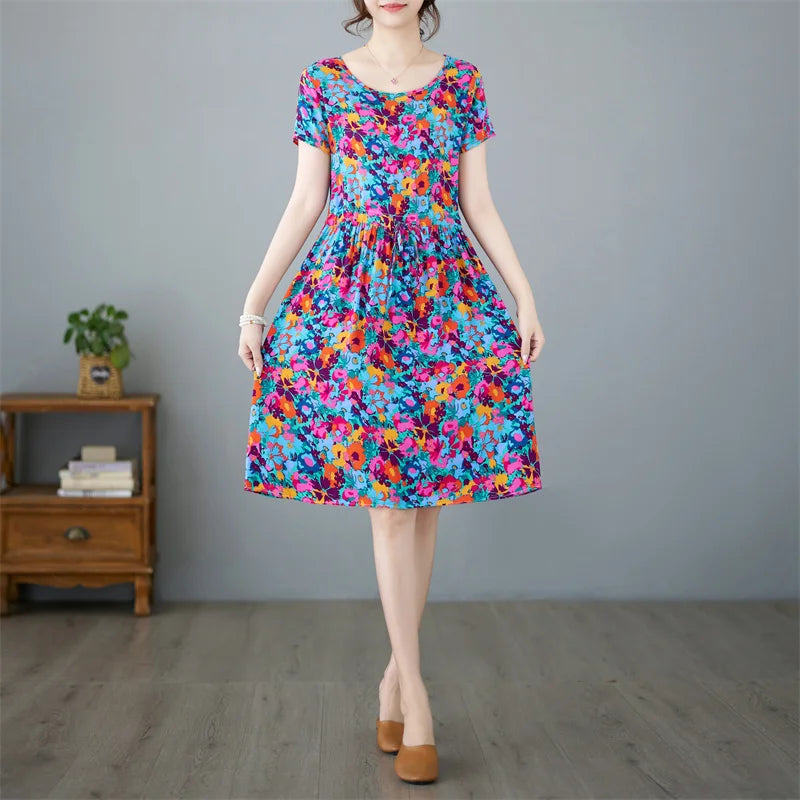 THHONE Summer Dress for Women Floral Casual Print Loose Vintage Draw String Robe Elegant Mini New in Dresses Vestido Feminino