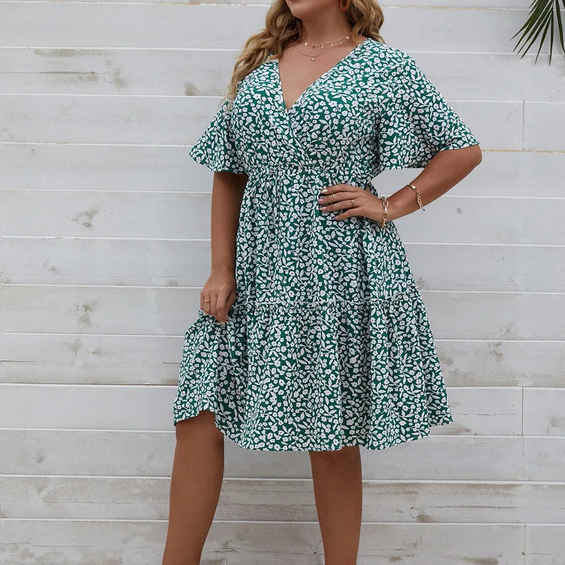 Plus Size Dress Woman 2023 Summer V Neck Short Sleeve Floral Print Casual Midi Dress High Waist Chic Beach Party Dresses