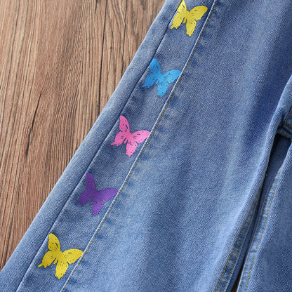 Pants for Girls Jeans Teenagers Children Clothing Butterfly Print Trousers Spring Autumn Baby Kids Clothes Jeans 6 8 10 12 14 Y