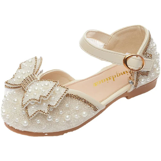 2023 New Summer Girls Sandals Cute Bow Pearl Sequins Kids Princess Shoes Flat Heels Dancing Shoes Size 21-36