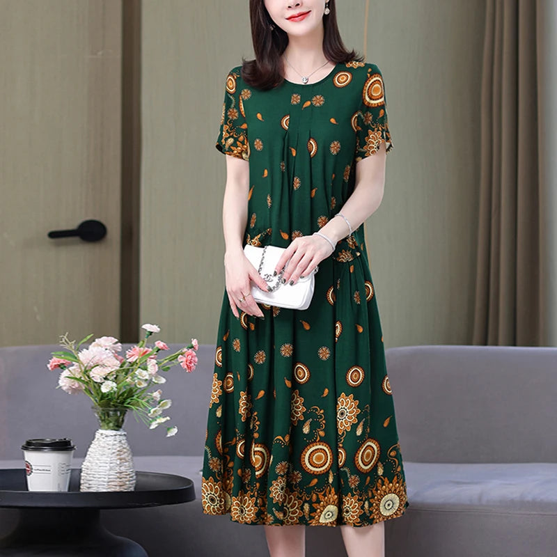 New Arrival Fashion Casual 2023 Summer Dress For Women Loose O-Neck Print Elegant Floral Formal Dress Women Clothing Dresses