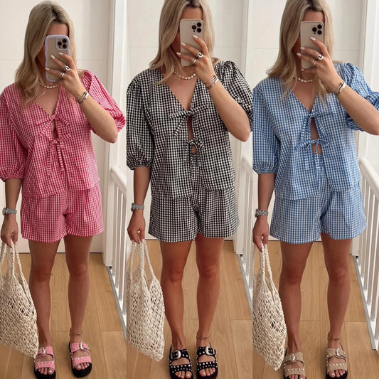 TRAFZA Summer Women Plaid Shirt Shorts Suit Lace Up Short Sleeve V Neck Blouse Top Elastic Waist Pant Y2k Female Streetwear Sets