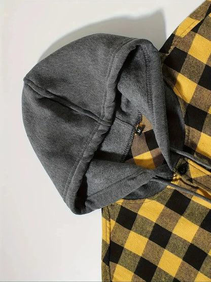 Men's Shirts Classic Plaid Casual Button Down Hooded Long Sleeved Double Pockets Shirt Hoodie Flannel Jacket Spring Autumn Tops