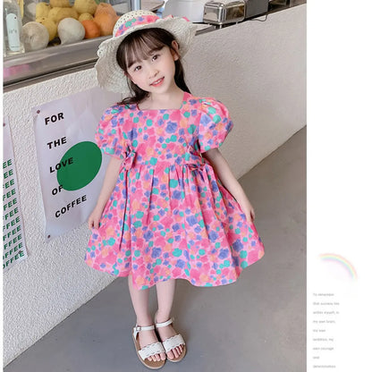 Girls' Dress Sweet Baby Korea Elegant Square Neck Backless Summer Short Sleeve Loose Full Colorful Dot 2024 New Princess Dresses