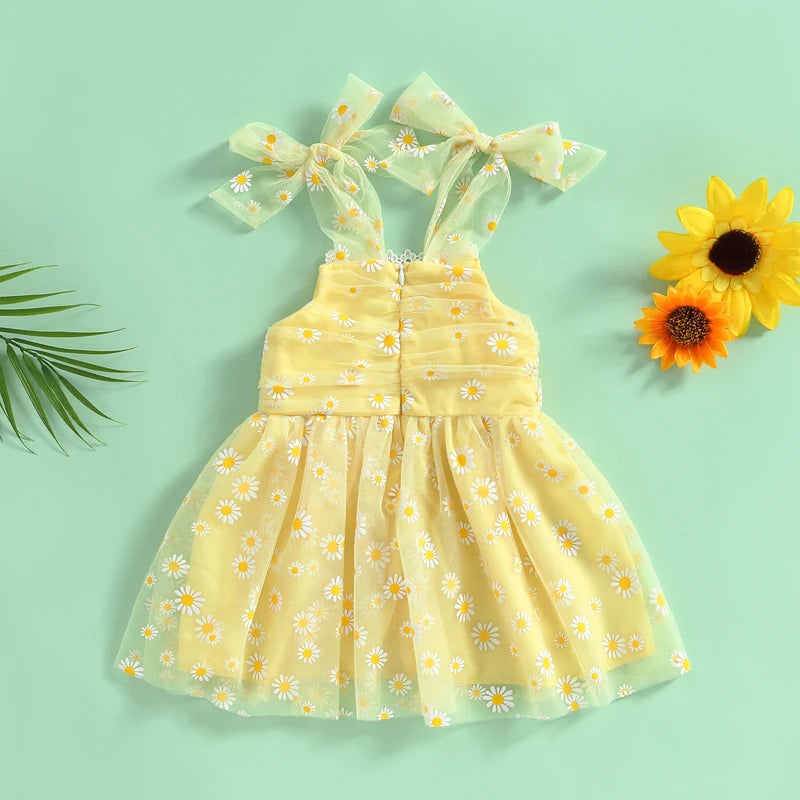 1-4years Kids Girl Sling Dresses Sleeveless Off Shoulder Tulle Floral Summer Dress For Infant Girls Party Street Princess Dress