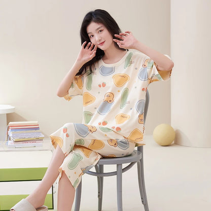 Summer Short Sleeve Sleepwear With Chest Pad 100%Cotton Women Pajamas Set Female Casual Pijamas Mujer