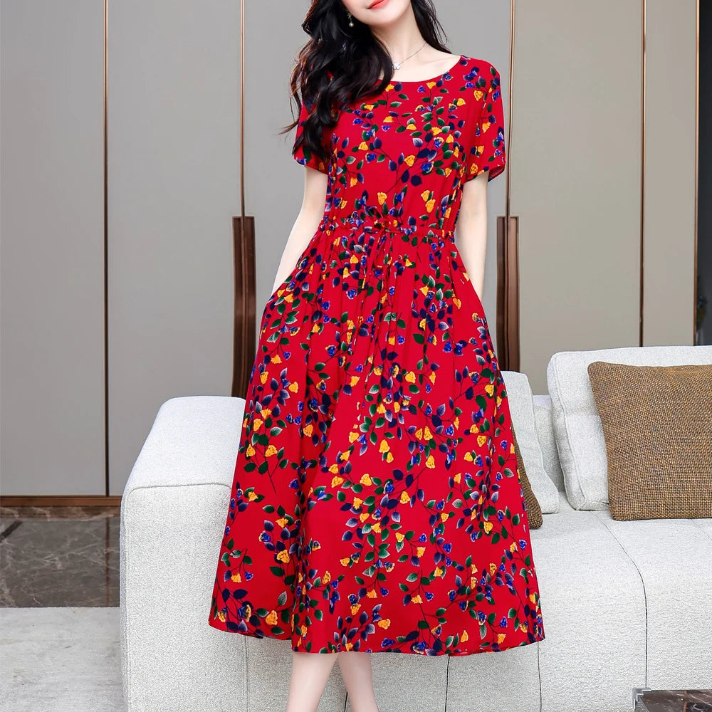 Summer women short sleeve dresses print vintage o-neck Beach Dress Sundress Vestidos dress