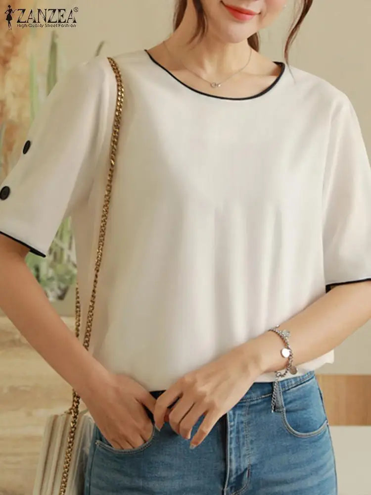 ZANZEA Elegant Women Buttons Blouse Korean Office O-neck Basic Tops 2024 Summer Casual Solid Blusas Fashion Short Sleeve Shirt