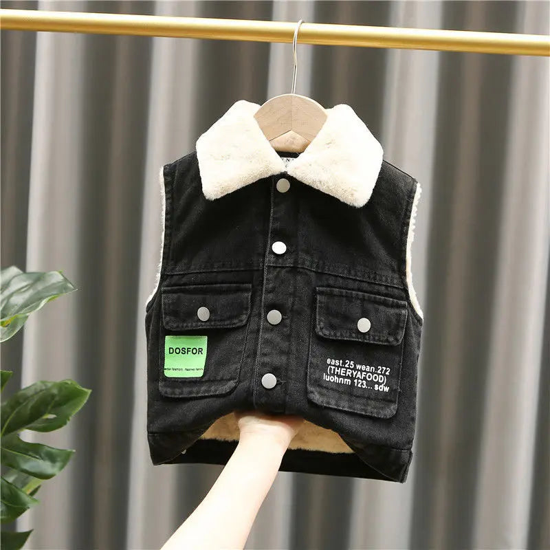 Cashmere Warm Child Waistcoat With Bear Winter Denim Coats Baby Girls Boys Vest Kids Outfits Children Outerwear For1-6 Years old