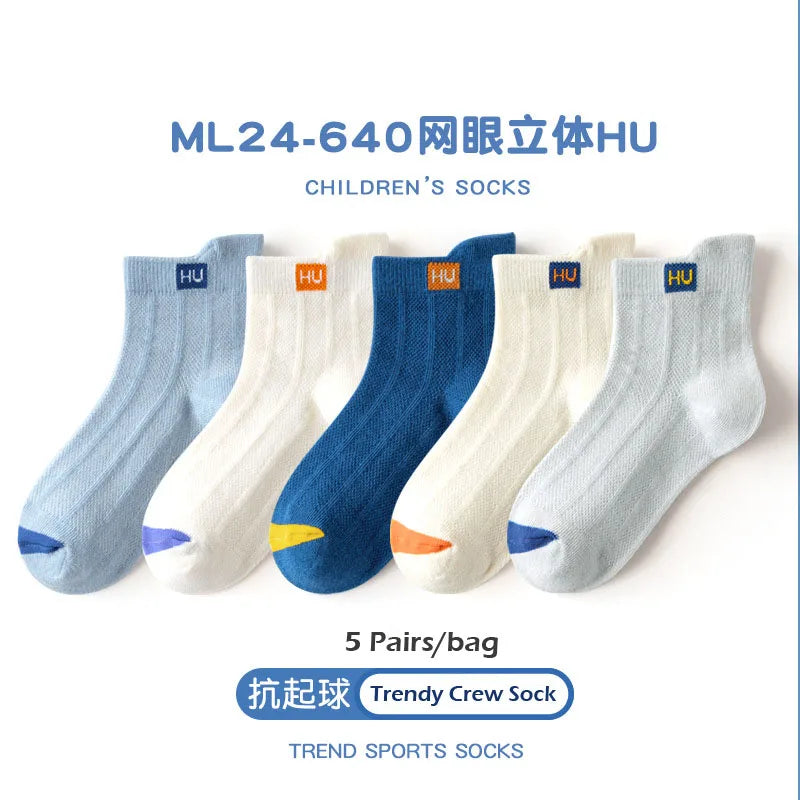 Littlle Big Boys Socks Summer Letter Pattern Cotton Socks Thin Mesh Sock Above 12T Children Crew Socks 5 Pairs Solid Color