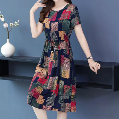 Summer New Cotton Silk Round Neck Lacing Decoration Short Sleeve Multi-element Print Loose Pockets Knee Length Dress for Women