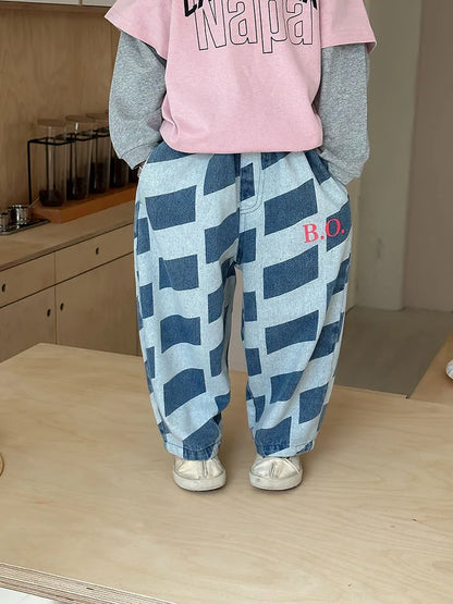 2024 Spring New Children Denim Trousers Toddler Boys Plaid Casual Pants Baby Girl Letter Wide Leg Pants Kids Fashion Loose Jeans