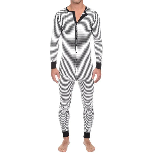 Striped Men's Casual and Comfortable Long-sleeved Jumpsuit Spring and Autumn Daily Home Wear in Stock