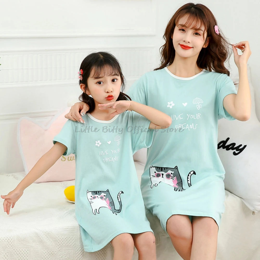 Summer Mom Daughter Night Dress Family Pajamas Sleepwear Kids Girl Nightgown Pajamas for Teen Girls Kids Pajamas Dress