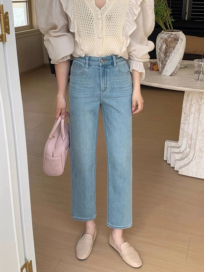 New 2024 Summer Jeans For Women High Quality Straight Blue Jeans Woman Korean Fashion Pockets High Waist Women's Jeans Hot Sale