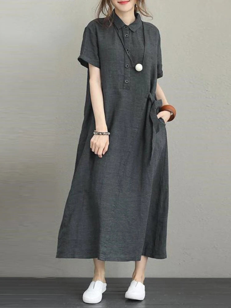 Summer Dress Women Cotton Linen Vintage Casual Loose Oversie Lapel Short-sleeved Dress New In Mid-length Long Dress for Women