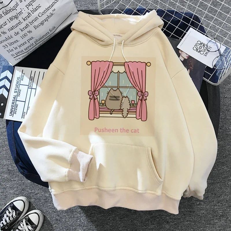 The Cat Hoodie Women Fashion Kawaii Korean Harajuku Sweatshirt Female 90s Cartoon Clothes Female Hood Oversized Girls