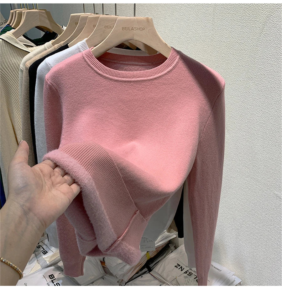 O Neck Winter Sweater For Women Thicken Slim Soft Knitted Tops Plus Velvet Long Sleeve Pullover Casual Warm Malhas Jerseys