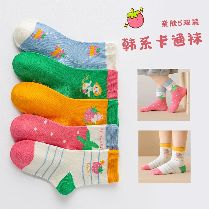 5Pairs 1-16Years Junior Socks Cotton Soft Girls Tubesocks Cute Countryside StyleMori Girl Stylewarm Short High Elasticity Socks