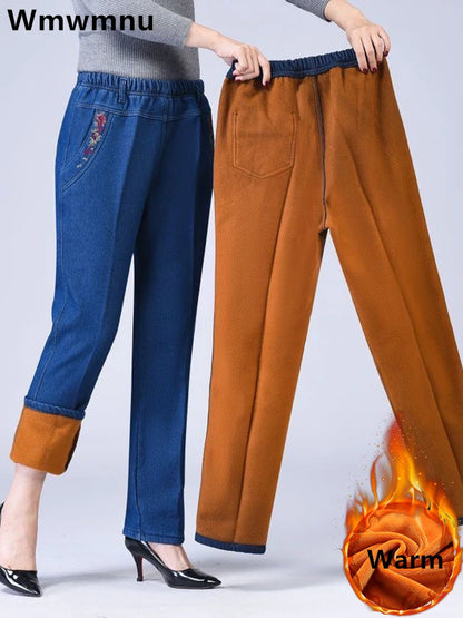 Winter Plush Velvet Lined Jeans Straight Denim Pants Mom High Waist Embroided Baggy Vaqueros Vintage Thicken Warm Kot Pantolon