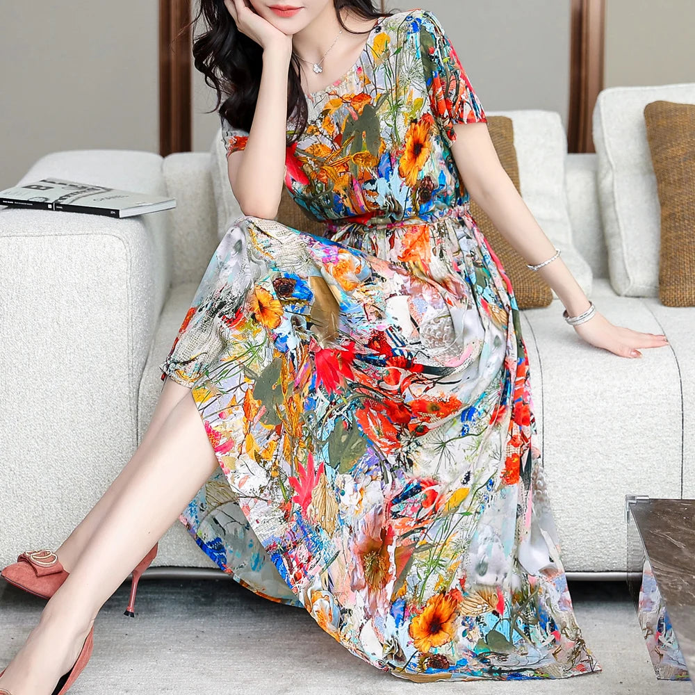 Summer women short sleeve dresses print vintage o-neck Beach Dress Sundress Vestidos dress