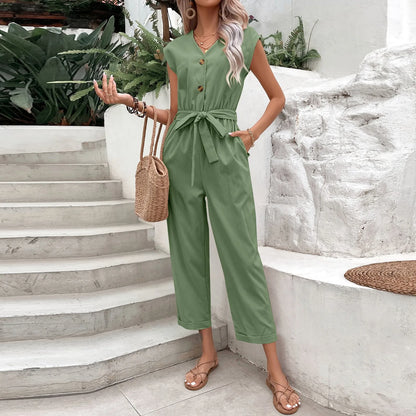 Summer Fashion Short Sleeve Jumpsuit Women Loose Cropped Pants Jumpsuit Women's Solid Color Casual V-neck Jumpsuit vestidos para