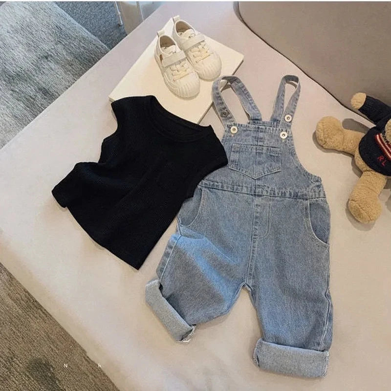 Fashionable Children's Overalls Spring Autumn Baby Jeans Big Pocket Denim Overalls Casual Loose Boys Girls Denim Trousers