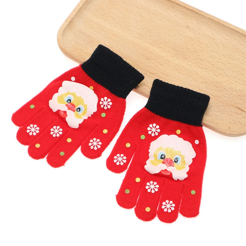 3-7 Years Christmas Gloves Kids Winter Warm Children Full Finger Santa Claus Gloves Knitted Mittens