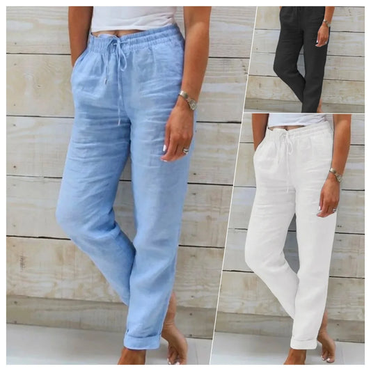 Cotton Linen Summer Pants for Women High Waist Elastic Casual Trousers Streetwear Solid Female Clothes 2024 Loose Pencil Pants