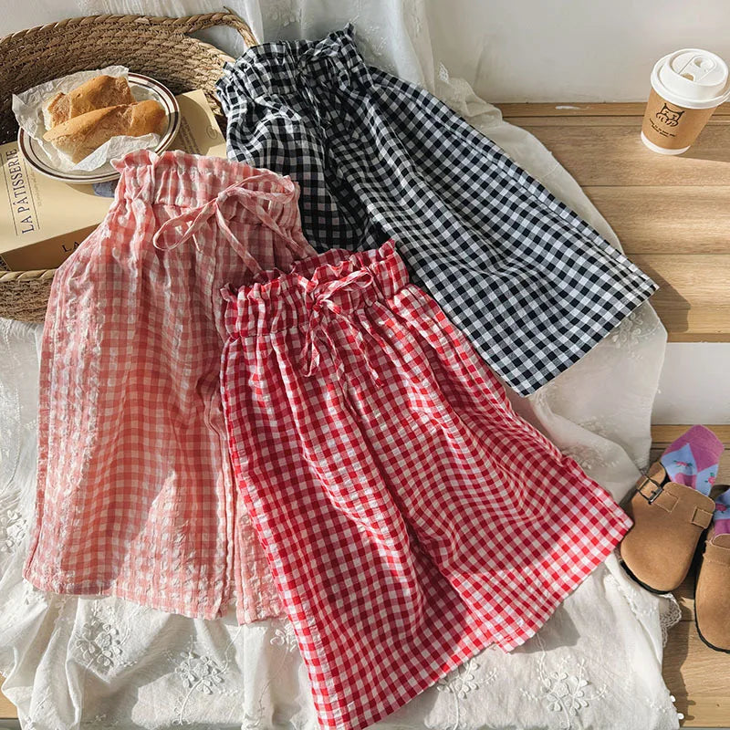 Kids Pants Plaid Printed Wide-leg Pants Flower Waist Summer Culottes Girls Pants Kids Clothes for Girls 2 To 8 Years