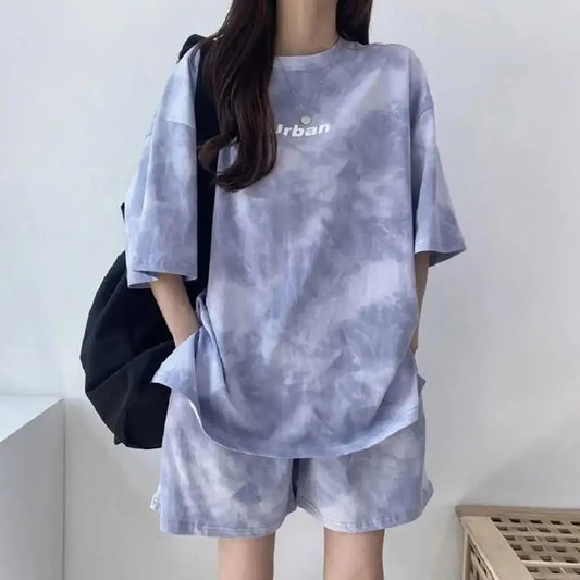 2 Pcs/Set Women T-shirt Shorts Set Tie-dye Sleeves Mid Length Top Shorts Suit Elastic Waist Mini Loose Female Outfit Daily Wear