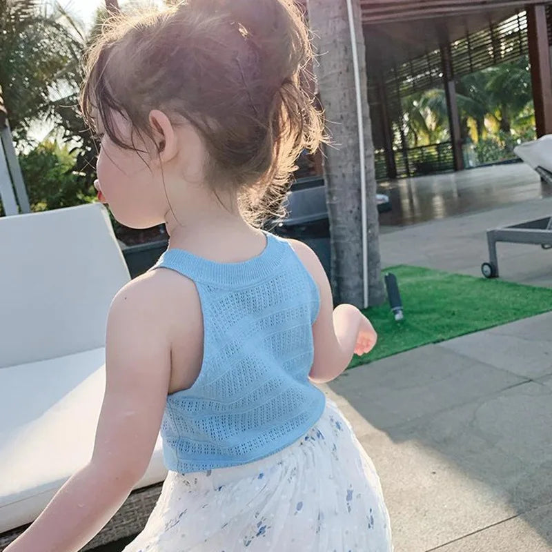 Baby Girls Tank Top Summer Sleeveless Suspenders Solid Vest Thin Bustier Hollow Out Camisole Toddler Kids Casual Clothes