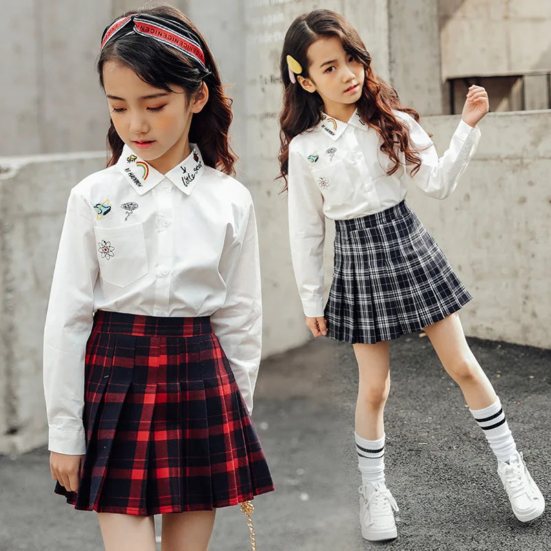 Vintage Pleated Skirt Girl Skirt for Summer Kids Plaid Cotton School Clothes Teens Girls Bottom Children Clothes Sukienka Kleid