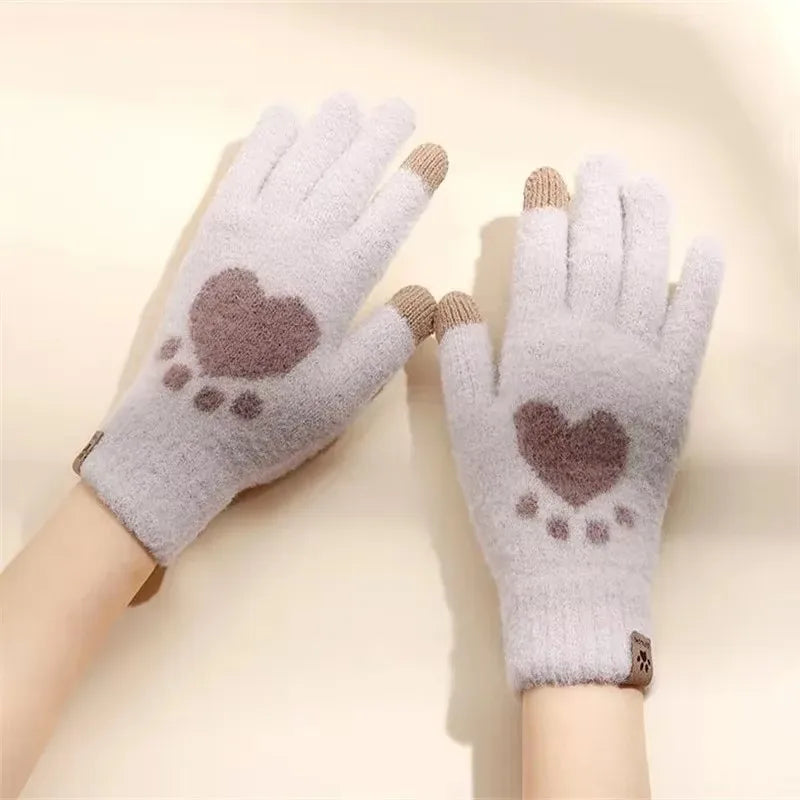 Winter Cat Paw Gloves Warm Mittens Fashion Mobile Phone Touchscreen Knitted Gloves Thick Women Soft Fluffy Full Fingers Gloves