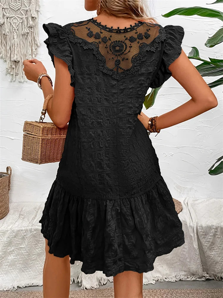 Fashion Summer Dresses Lace Loose 2024 Spring Summer Elegant Casual Round Neck Ruffle Trimmed Decorated Dress Vestido Female