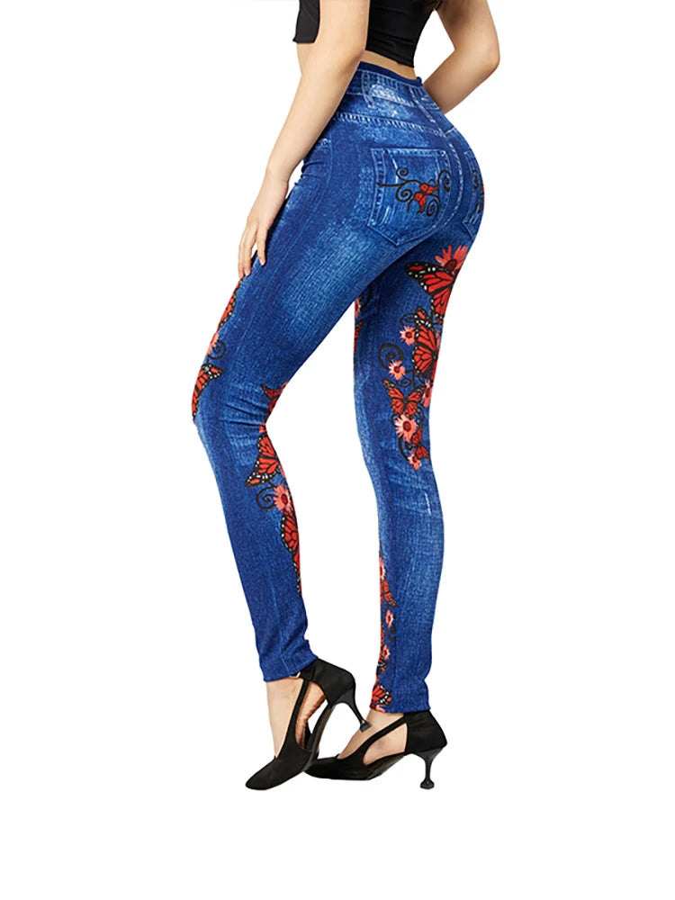 CUHAKCI Soft Women Red Butterfly Print Jeggings High Elastic Vintage Fake Jeans Fitness Slim Fit Sports Yoga Leggings