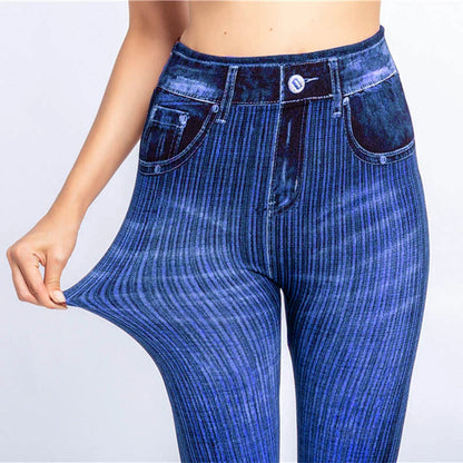 CUHAKCI High Waist Blue Fake Jeans Pure Color Women Sports Yoga Leggings Slim Fit Absorbent Hip Lifting Tight Elastic Pants