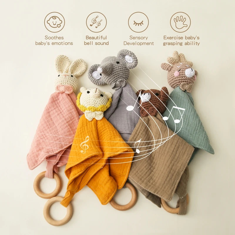 Baby Cotton Soothing Towel With Crochet Rabbit Bear Rattle Wooden Ring Bracelet Newborn Saliva Towel Newborn Sleep Teether Toys