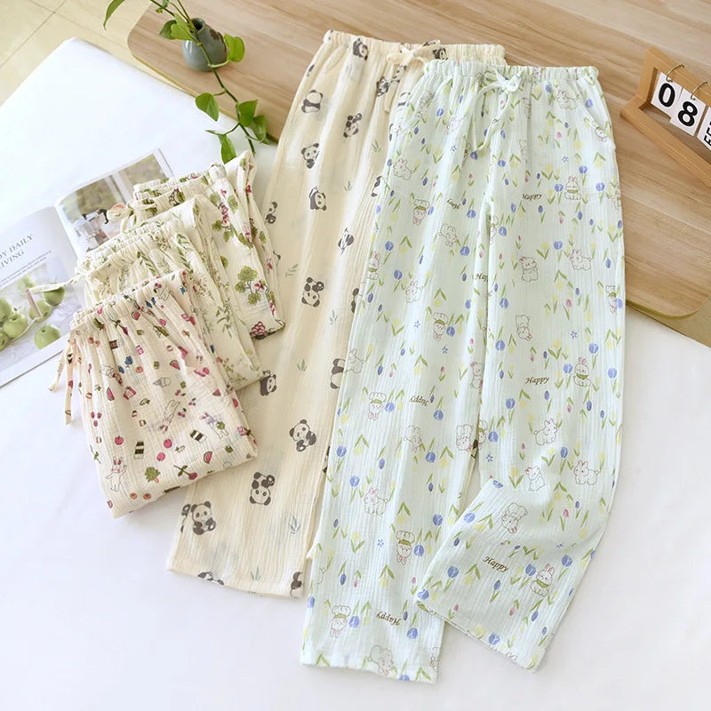 2024 Japanese New Spring/Summer Women's Sleeping Pants 100% Cotton Crepe Printed Pants Thin Loose Lace Home Pants Ladies