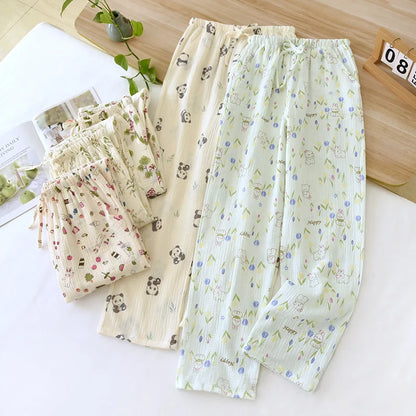 2024 Japanese New Spring/Summer Women's Sleeping Pants 100% Cotton Crepe Printed Pants Thin Loose Lace Home Pants Ladies