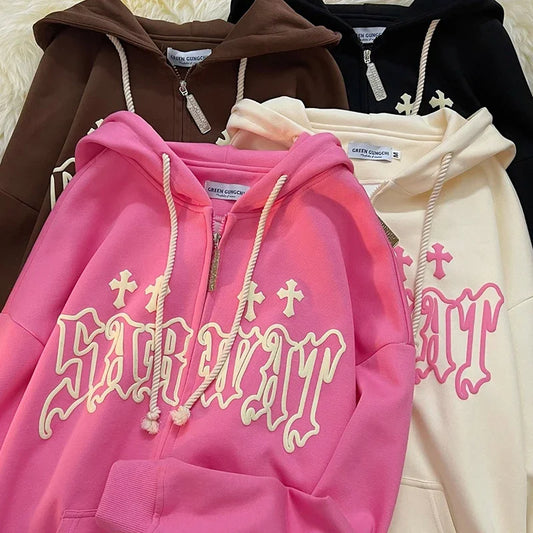 Womens Hoodies High Street Harajuku Retro HipHop Zip Up Hoodie Loose Sweatshirt Clothes Hot Sales Fashion Hooded Jacket Coat Y2K