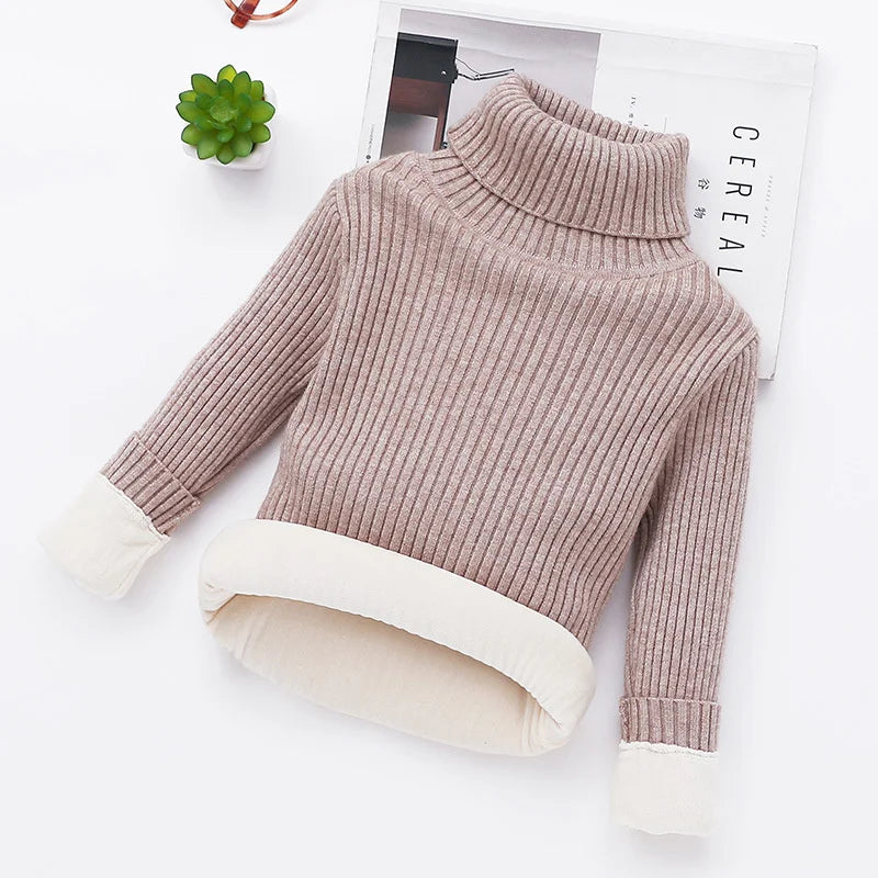 Winter Big Children Thick Sweaters Boy Girl Knitted Turtleneck Kids High Collar Pullover Sweater Plus Velvet Warm Knitwear 2-10Y