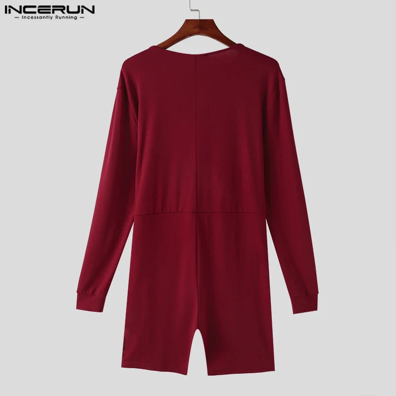 INCERUN 2024 Sexy Men Rompers Open Front Solid Knitted Long Sleeved Jumpsuits Male Hot Selling O-Neck Flat Angle Bodysuits S-5XL