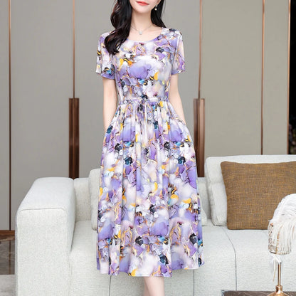 Summer women short sleeve dresses print vintage o-neck Beach Dress Sundress Vestidos dress