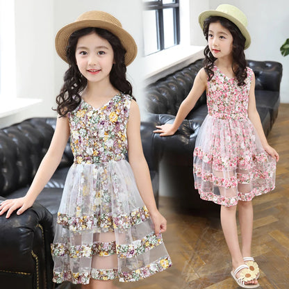 Girls Summer Dress Floral Pattern Kids Party Dresses For Girls Sleeveless Kid Dress Casual Style Children's Costumes For Girls