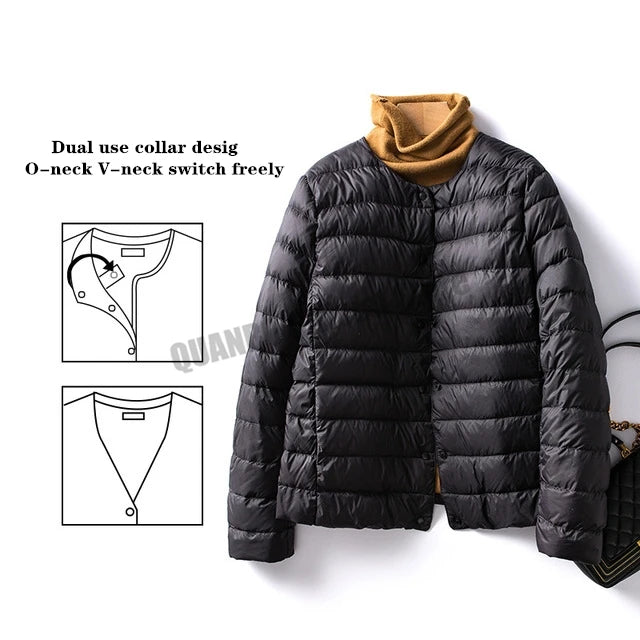 Women Liner Duck Down Jacket O-neck Variable V-neck 2022 New Female Winter Keep Warm Collarless Ultralight Quilted Puffer Coat